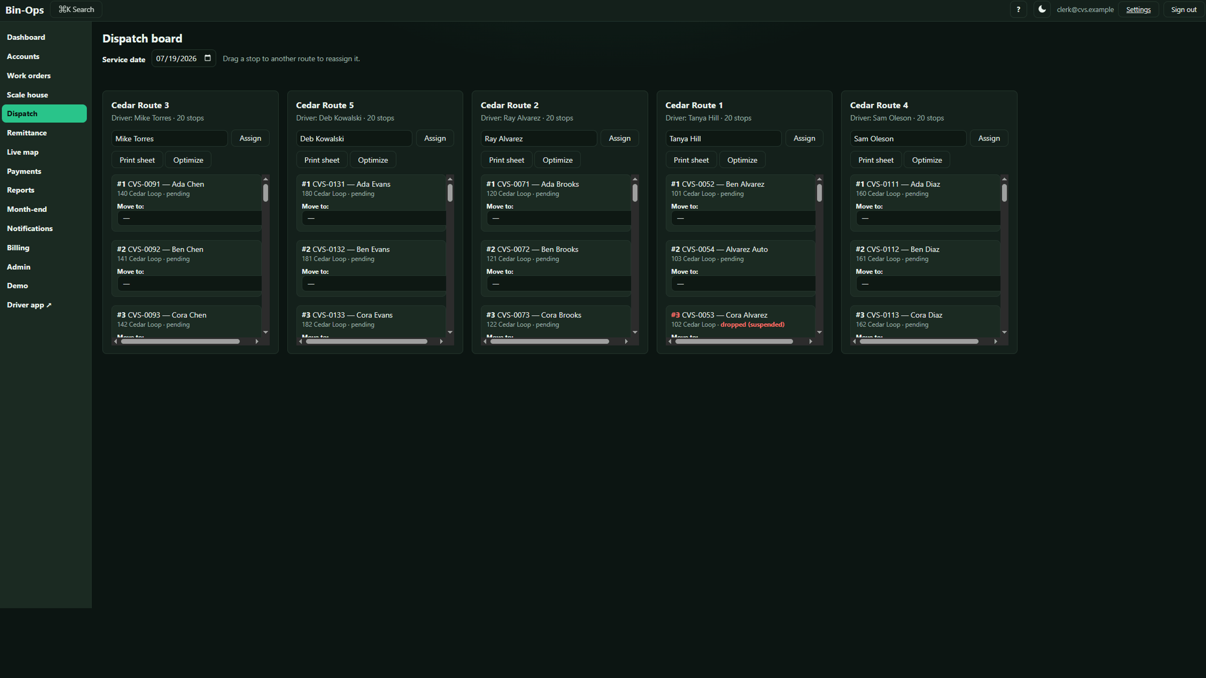 The Bin-Ops dispatch board for a working day: five routes side by side, each with its driver, its stop count, and its ordered list of stops.