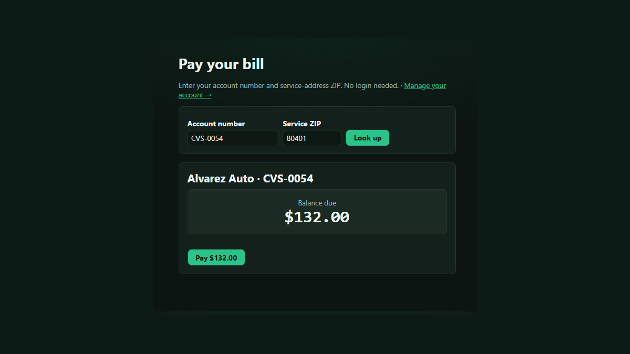 The customer portal’s guest payment page: a customer looks their account up by number and service ZIP, then pays the balance due.